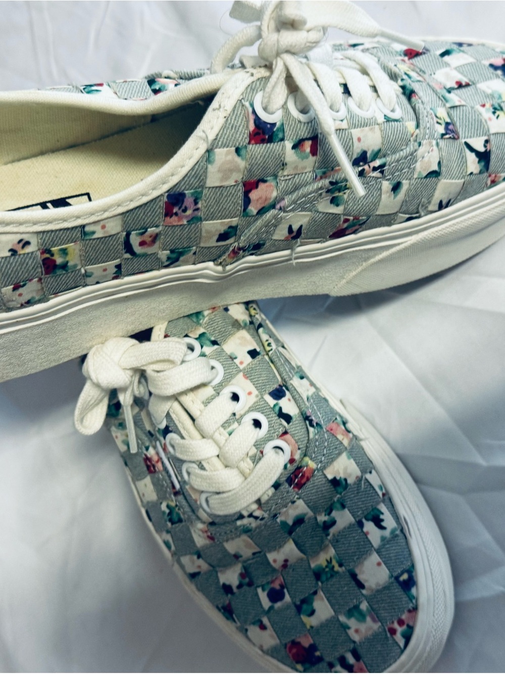 Vans Checkerboard Woven Floral Sneakers - Cream & Mint